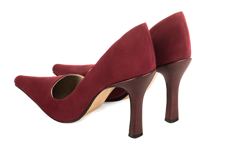 Burgundy red women's dress pumps,with a square neckline. Pointed toe. Very high spool heels. Rear view - Florence KOOIJMAN